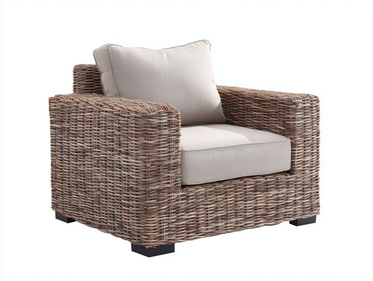 Polyrattan Gartensessel mit Polsterung 100x92x85 cm - Naturbraun-Beige - breite Armlehnen - für Terrasse und Garten - modernes Lounge-Design