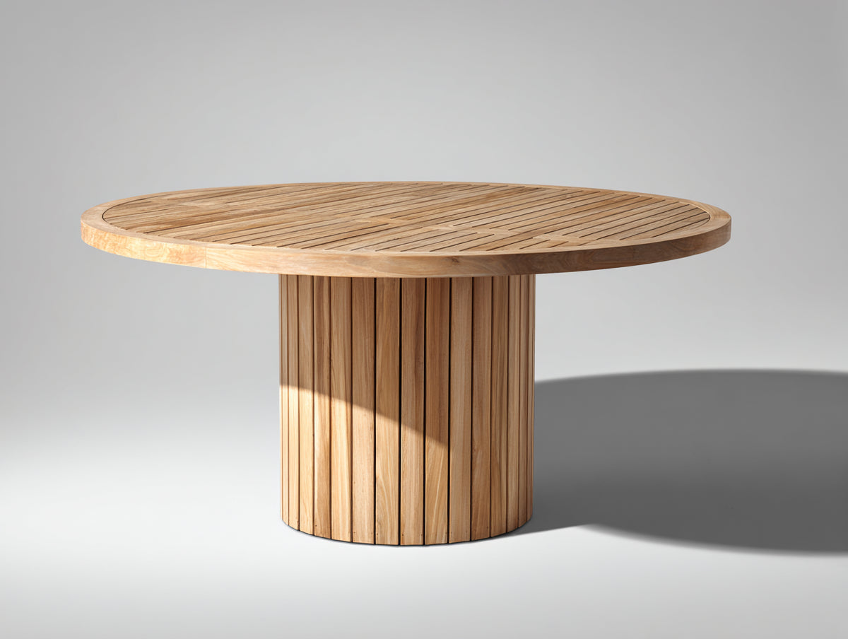 Gartentisch aus Holz rund 140x140x76 cm - Naturholzfarben - Säulenfuß - für Terrasse und Garten - modernes Lamellendesign