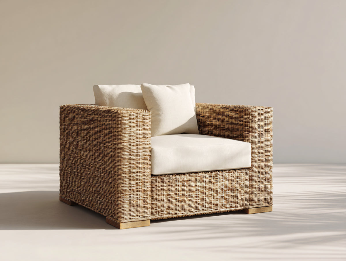 Polyrattan Gartensessel mit Polsterung 95x90x82 cm - Naturbraun-Cremeweiß - breite Armlehnen - für Terrasse und Garten - modernes Lounge-Design