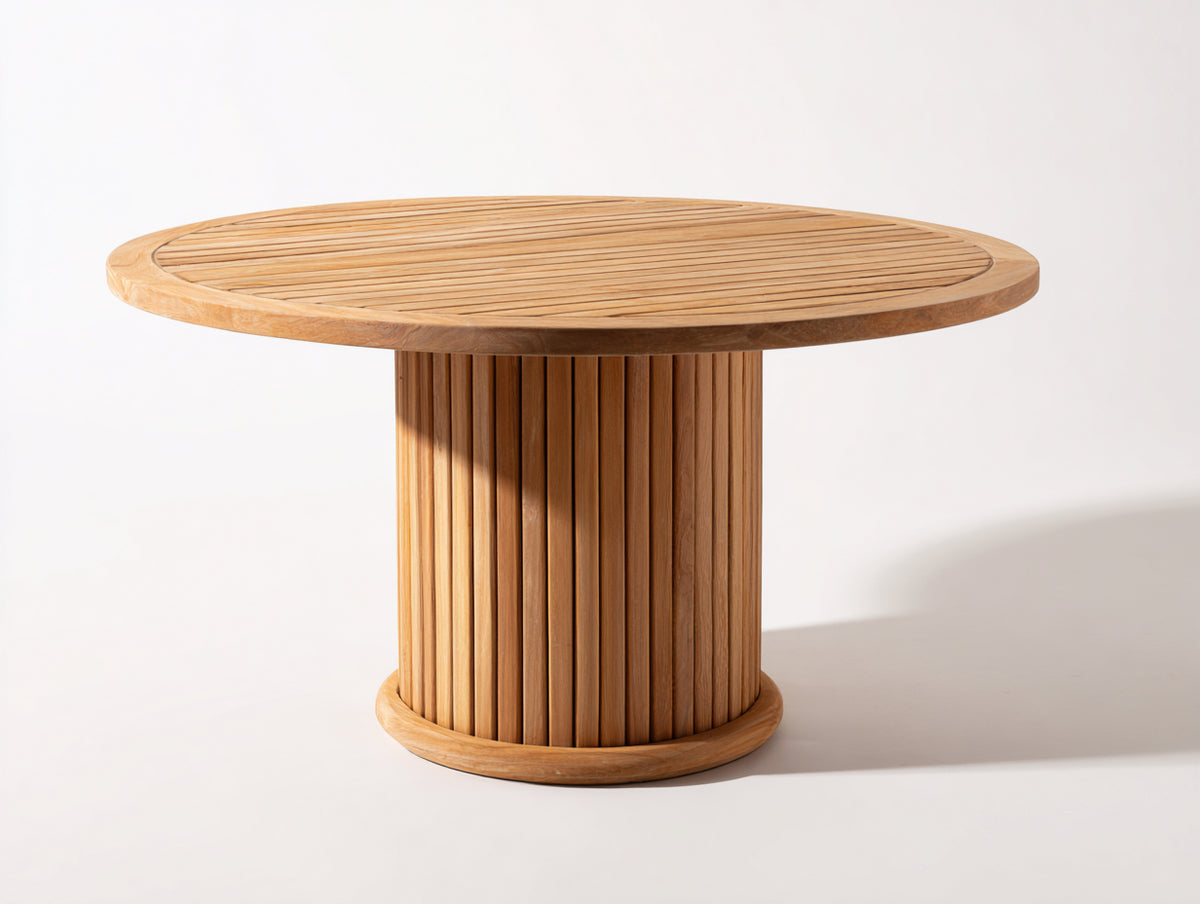 Gartentisch aus Holz rund 145x145x76 cm - Naturholzfarben - Säulenfuß - für Terrasse und Garten - modernes Lamellendesign